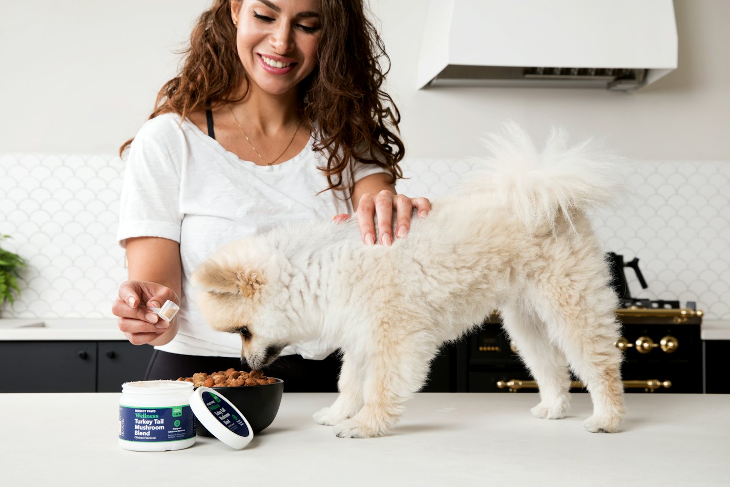 Woman gives a treat to a dog on a kitchen counter.
